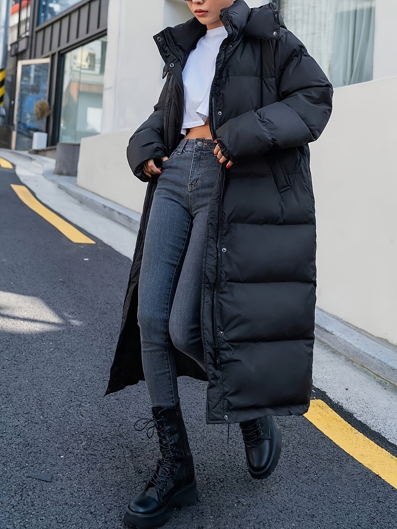 Women's Full-Length Quilted Black Puffer Jacket with Hood