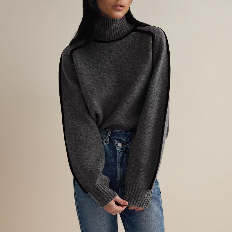 Women's Oversized Turtleneck Sweater Featuring Contrasting Sleeve Trim
