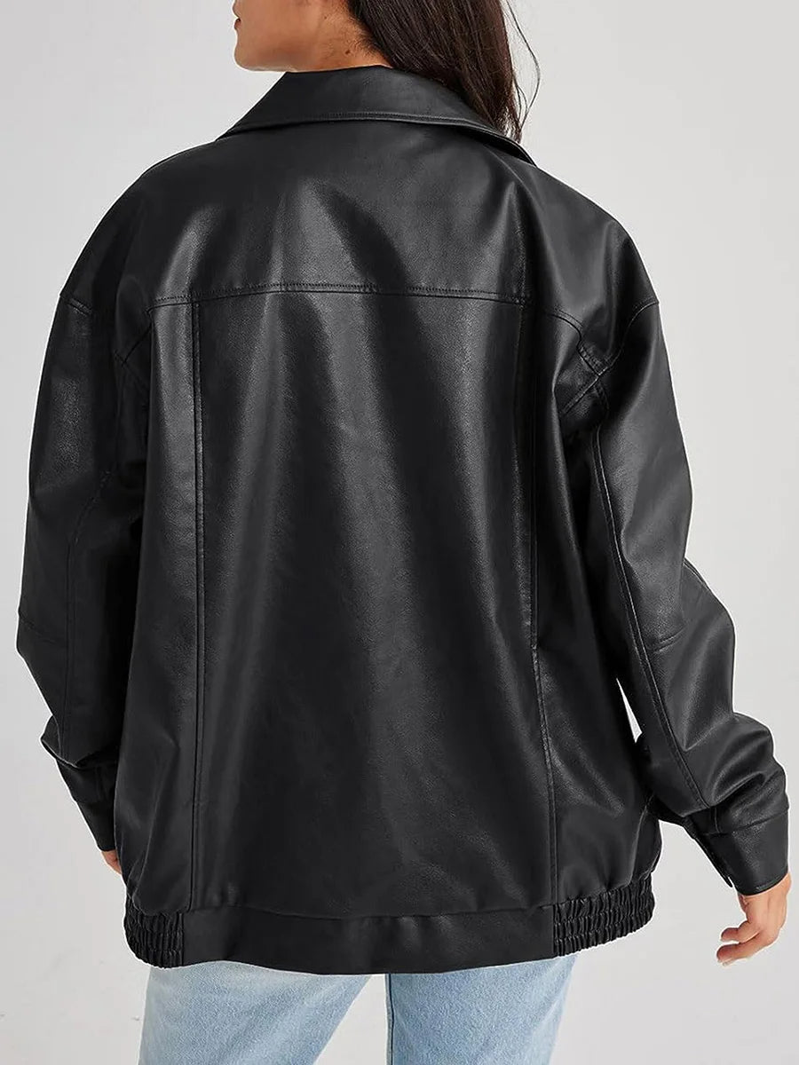 Women's Oversized Leather Bomber Jacket with Front Zipper
