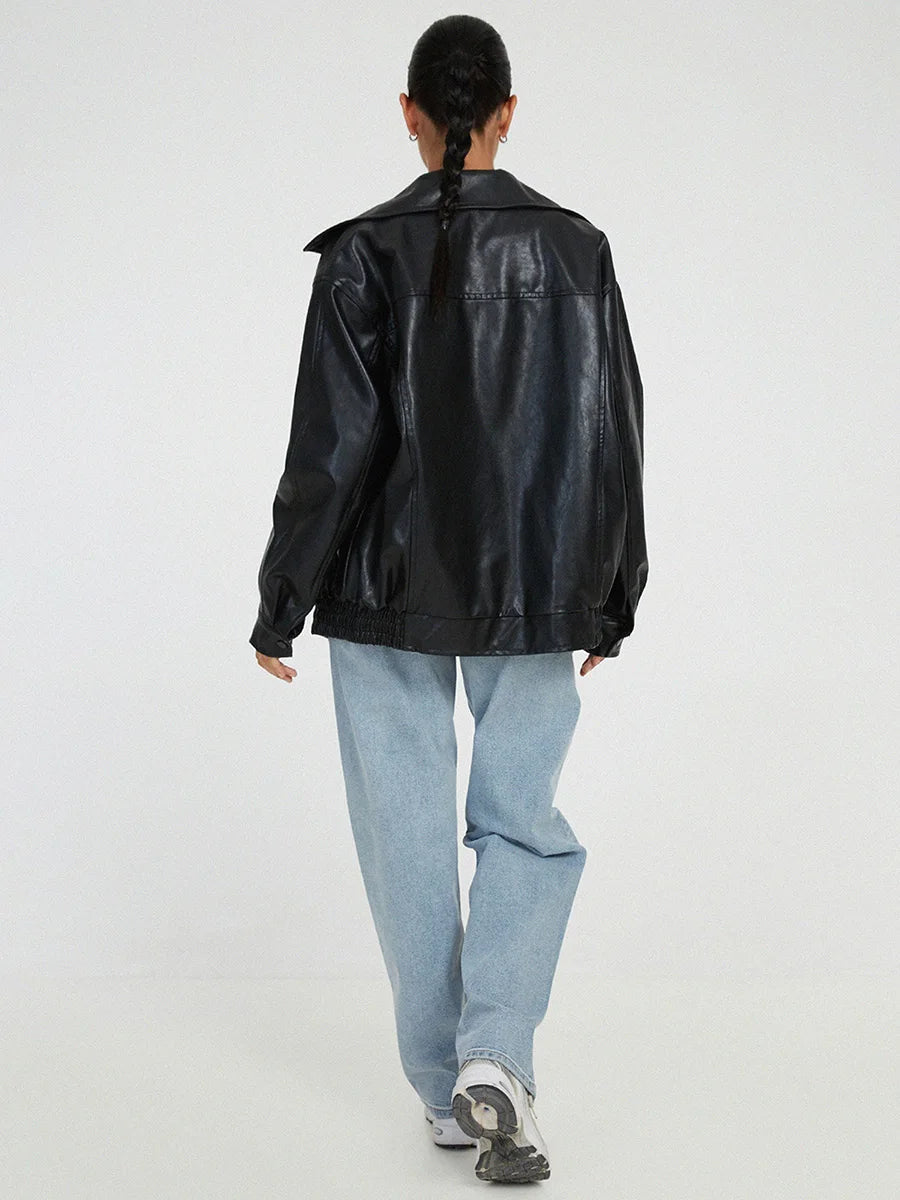 Women's Oversized Leather Bomber Jacket with Zip Closure