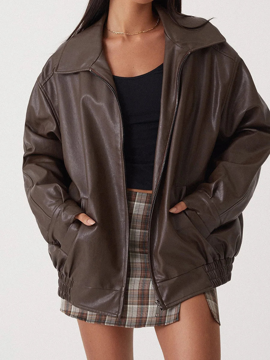 Women's Oversized Leather Bomber Jacket with Front Zipper