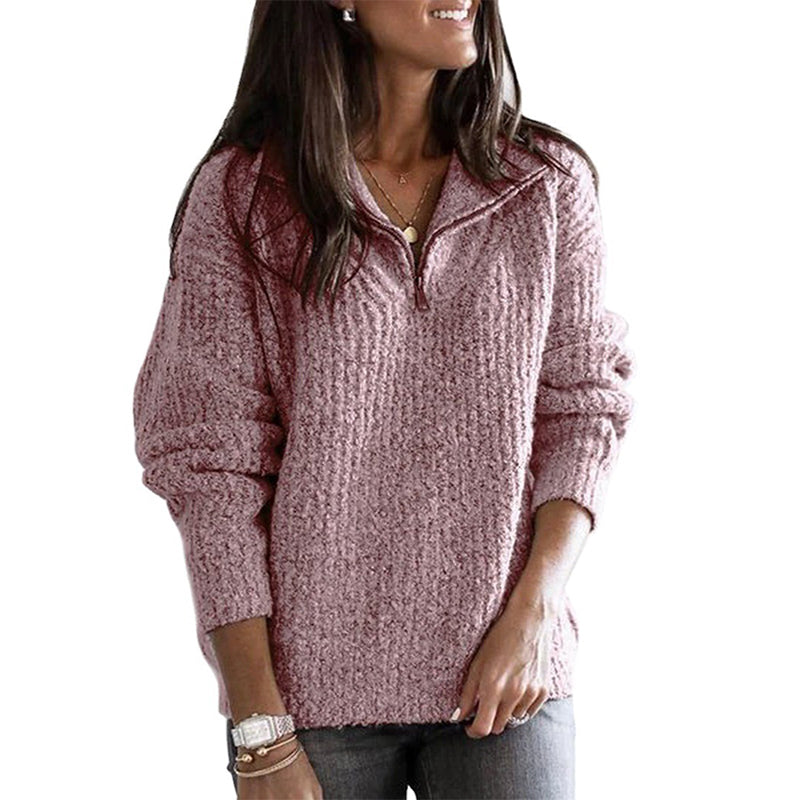 Relaxed Fit Women's Half-Zip Sweater with Textured Knit Stand Collar