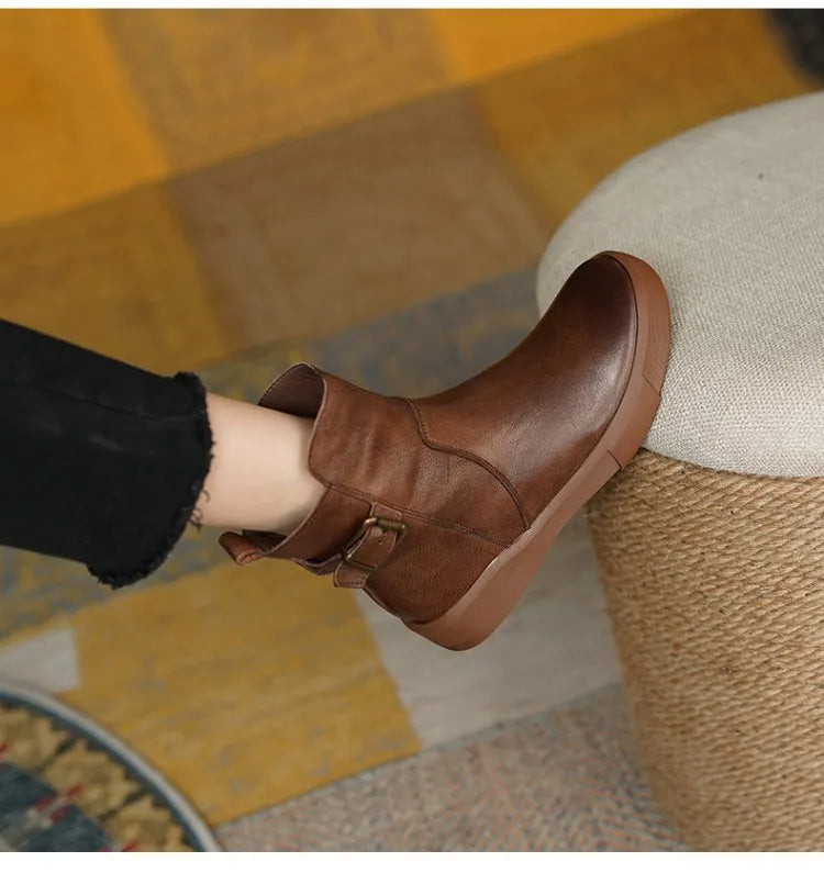 Women's Mid-Ankle Boots Featuring Side Buckle and Comfortable Flat Sole