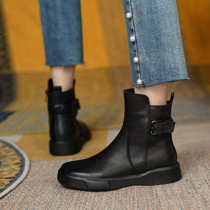 Women's Mid-Ankle Boots Featuring Side Buckle and Comfortable Flat Sole