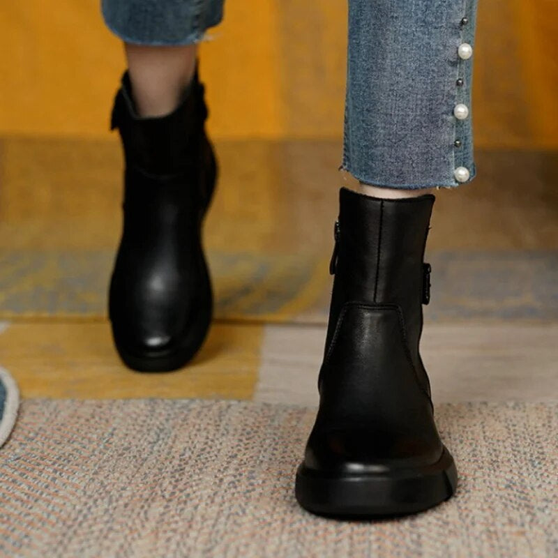 Women's Mid-Ankle Boots Featuring Side Buckle and Comfortable Flat Sole