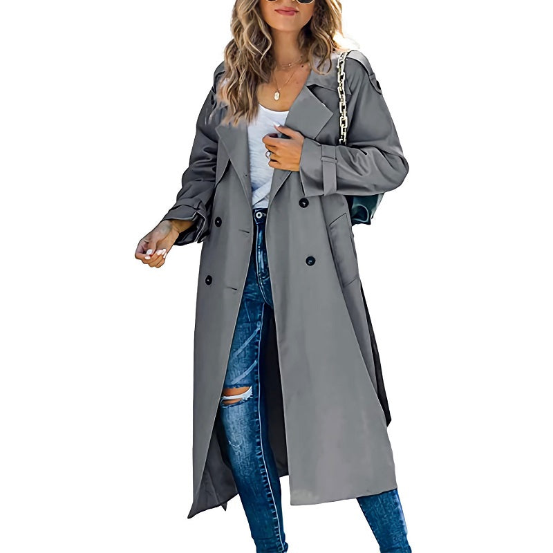 Women's Long Double-Breasted Trench Coat with Belted Sleeves