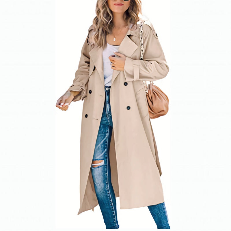 Women's Long Double-Breasted Trench Coat with Belted Sleeves
