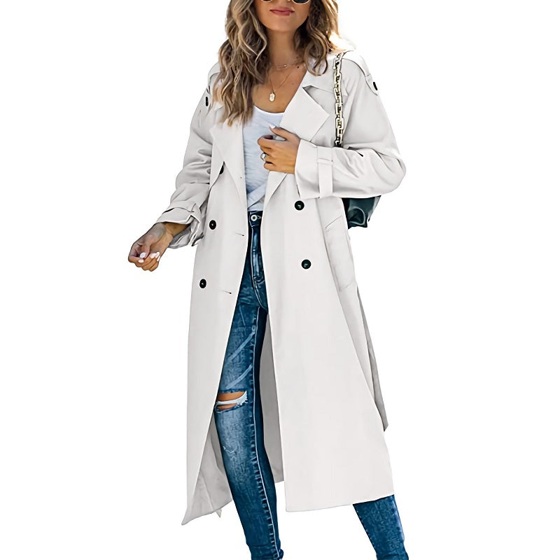 Women's Long Double-Breasted Trench Coat with Belted Sleeves