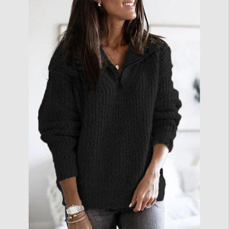 Relaxed Fit Women's Half-Zip Sweater with Textured Knit Stand Collar