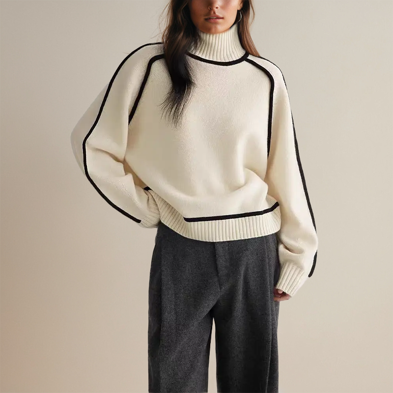 Women's Oversized Turtleneck Sweater Featuring Contrasting Sleeve Trim