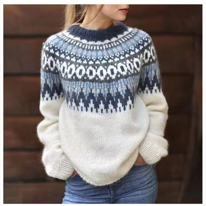 Cozy Relaxed Fit Fair Isle Crewneck Sweater for Women
