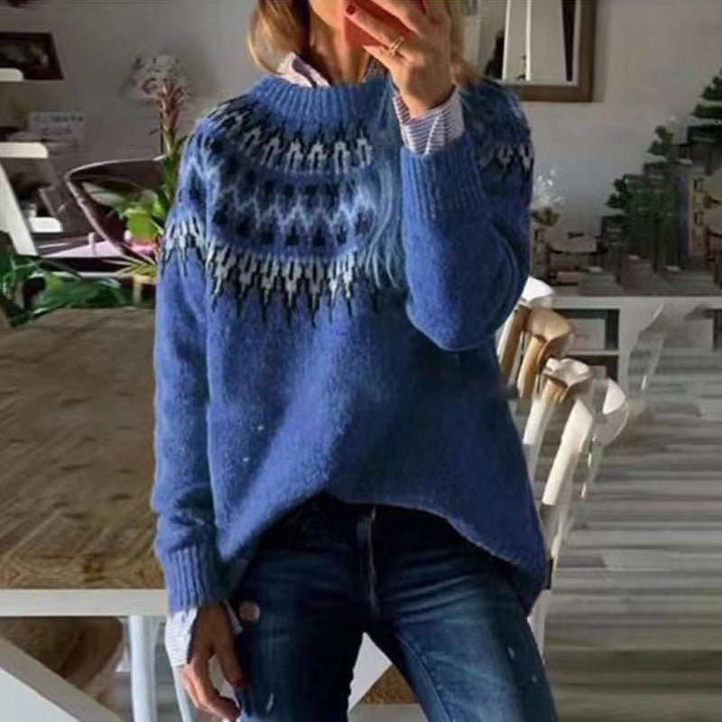 Cozy Relaxed Fit Fair Isle Crewneck Sweater for Women