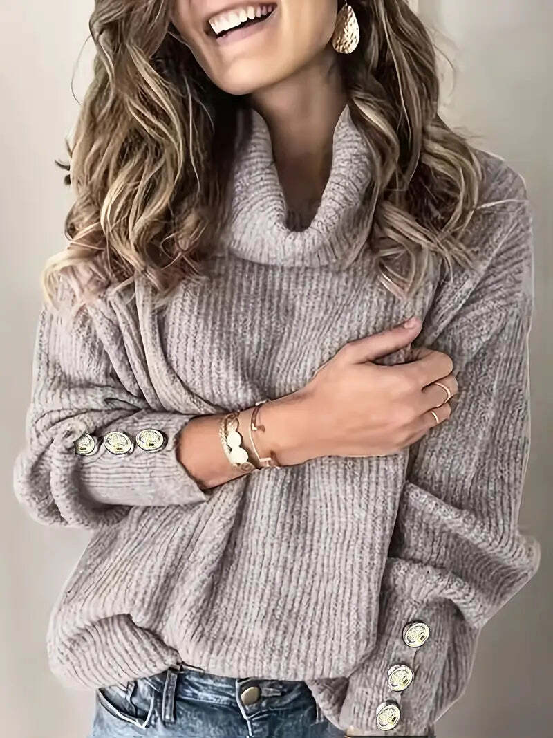 Relaxed Fit Women's Turtleneck Sweater with Button Sleeve Accents