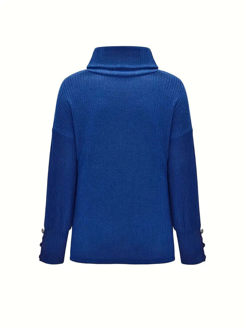 Relaxed Fit Women's Turtleneck Sweater with Button Sleeve Accents