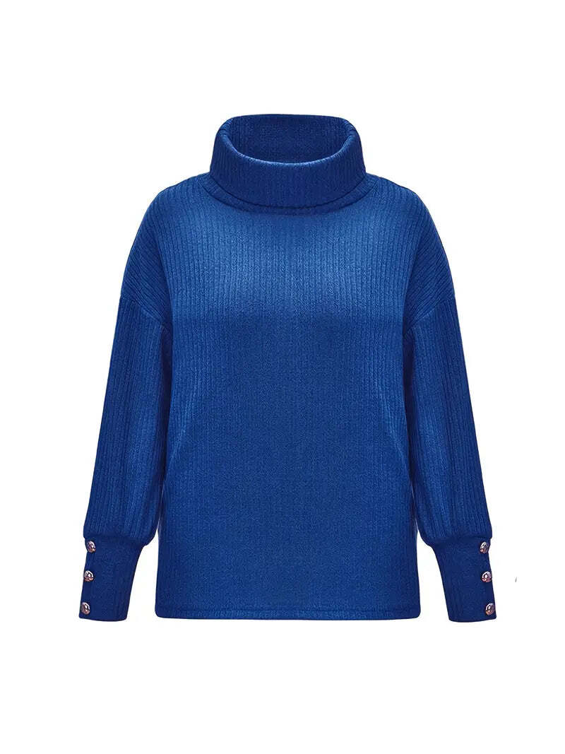 Relaxed Fit Women's Turtleneck Sweater with Button Sleeve Accents