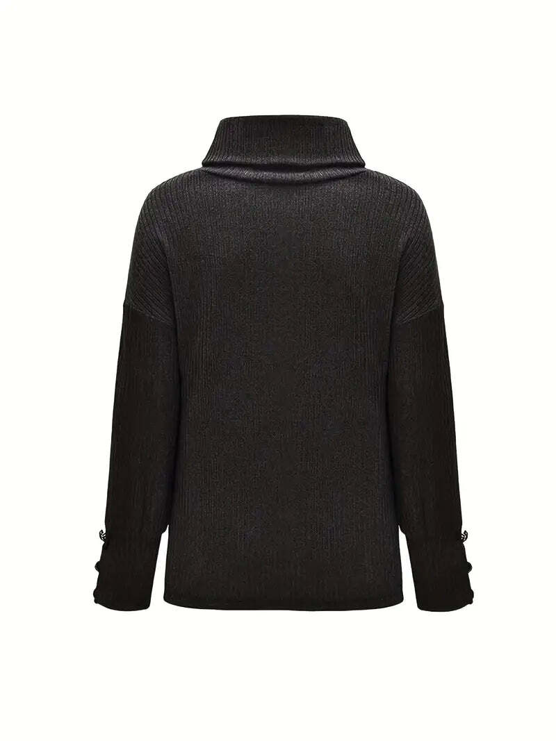 Relaxed Fit Women's Turtleneck Sweater with Button Sleeve Accents