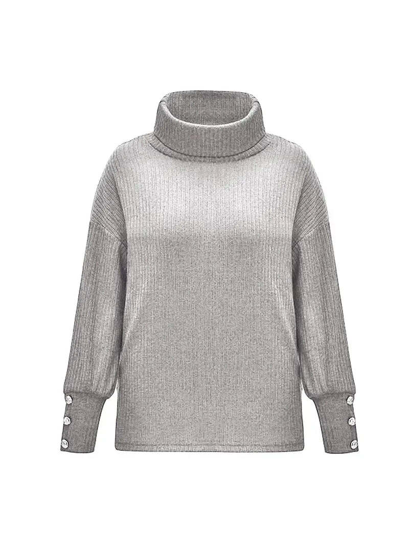 Relaxed Fit Women's Turtleneck Sweater with Button Sleeve Accents