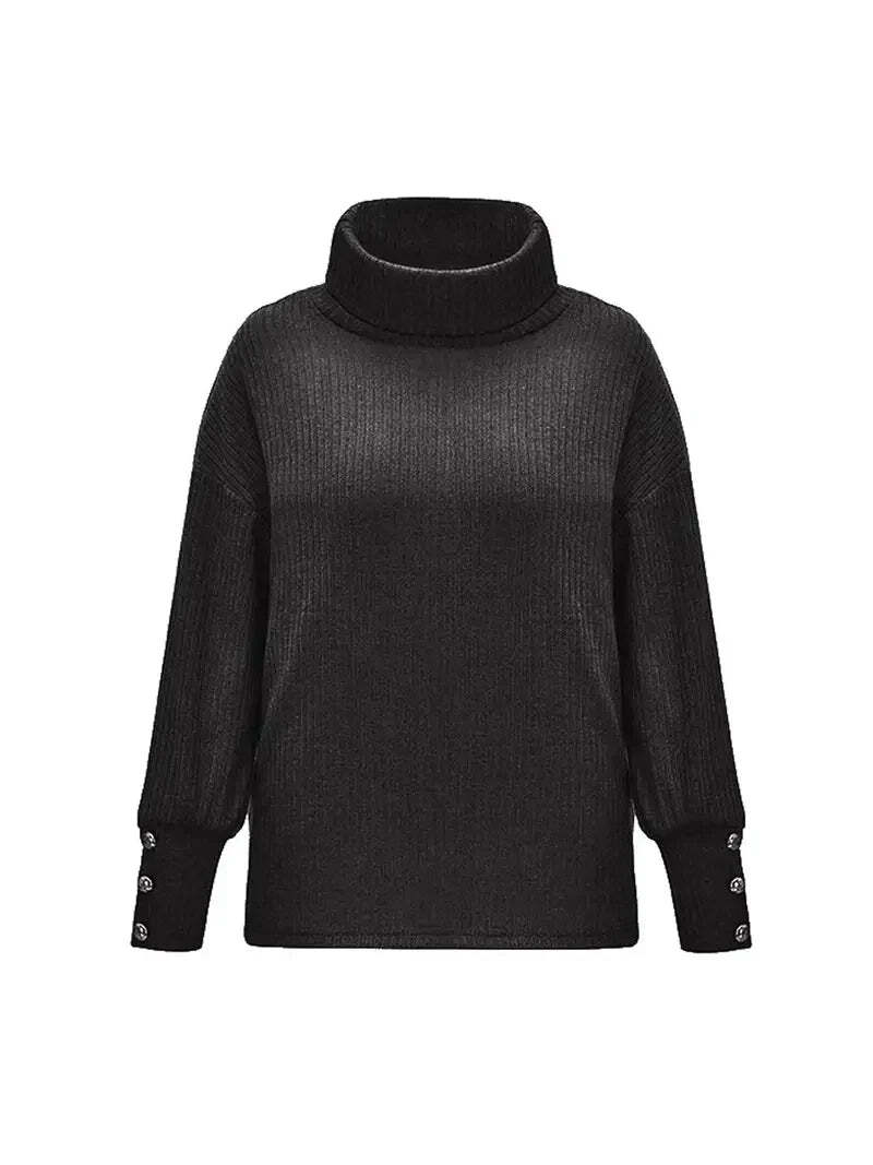 Relaxed Fit Women's Turtleneck Sweater with Button Sleeve Accents