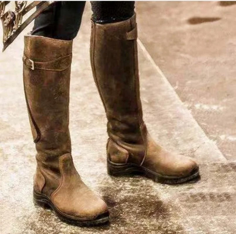Waterproof Knee-High Boots for Women with Buckle Strap and Non-Slip Sole