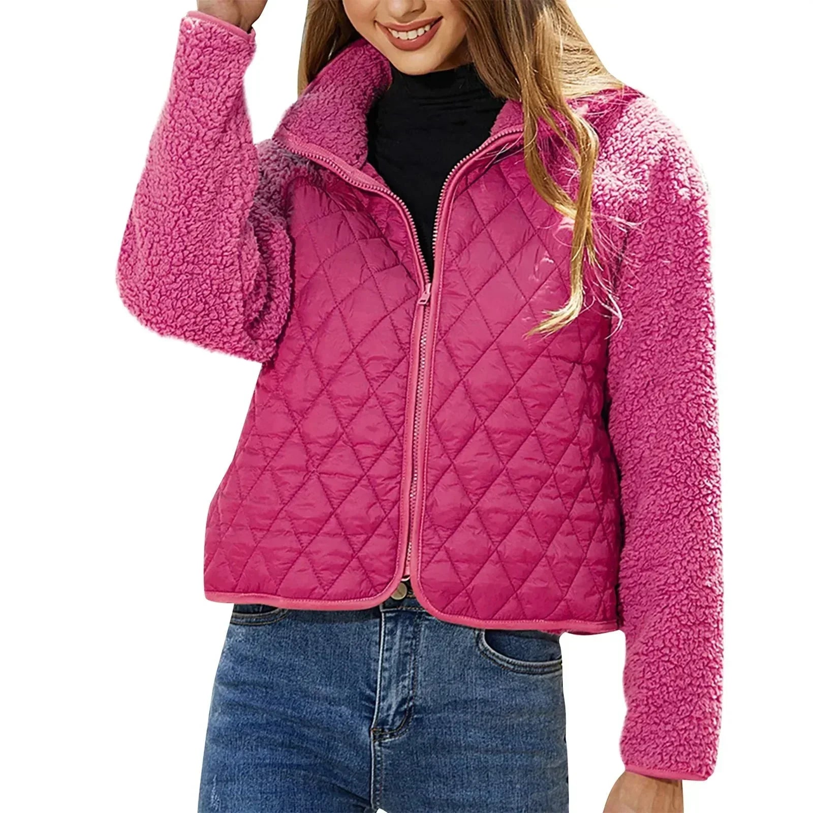 Women's Quilted Winter Coat with Cozy Sleeves and Zipper Closure