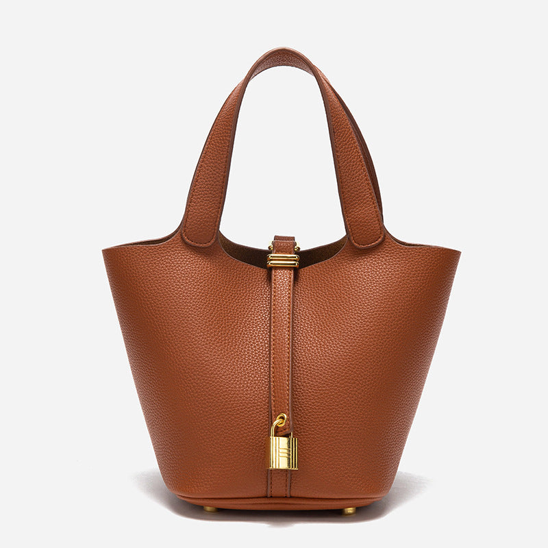 Women's Structured Handbag with Top Handle and Gold Lock Accent