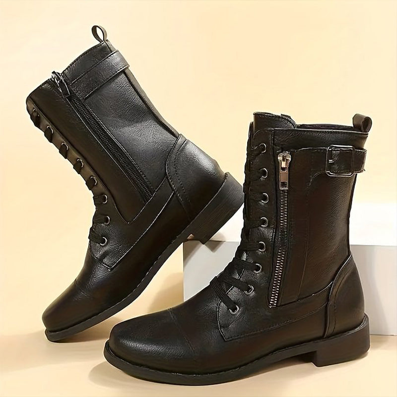 Mid-Calf Lace-Up Boots for Women with Side Zipper and Buckle Strap Accents