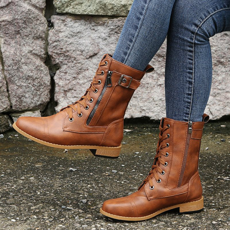 Mid-Calf Lace-Up Boots for Women with Side Zipper and Buckle Strap Accents