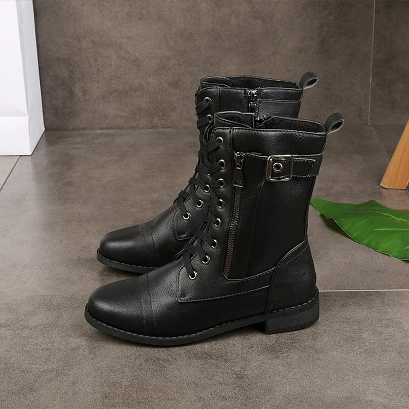 Mid-Calf Lace-Up Boots for Women with Side Zipper and Buckle Strap Accents