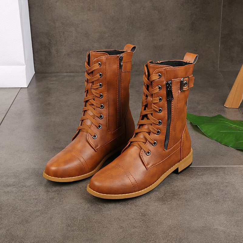 Mid-Calf Lace-Up Boots for Women with Side Zipper and Buckle Strap Accents