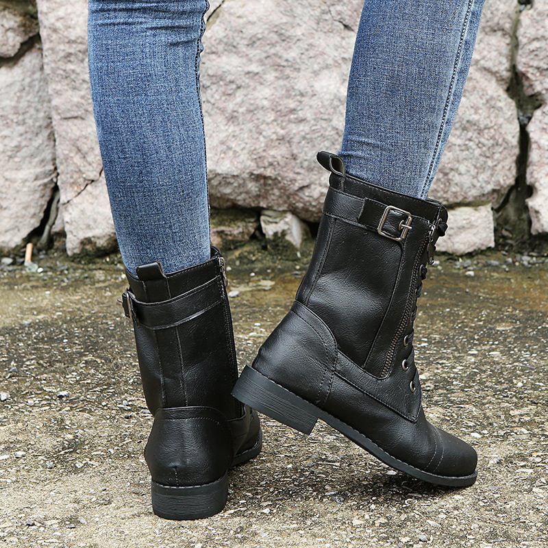 Mid-Calf Lace-Up Boots for Women with Side Zipper and Buckle Strap Accents
