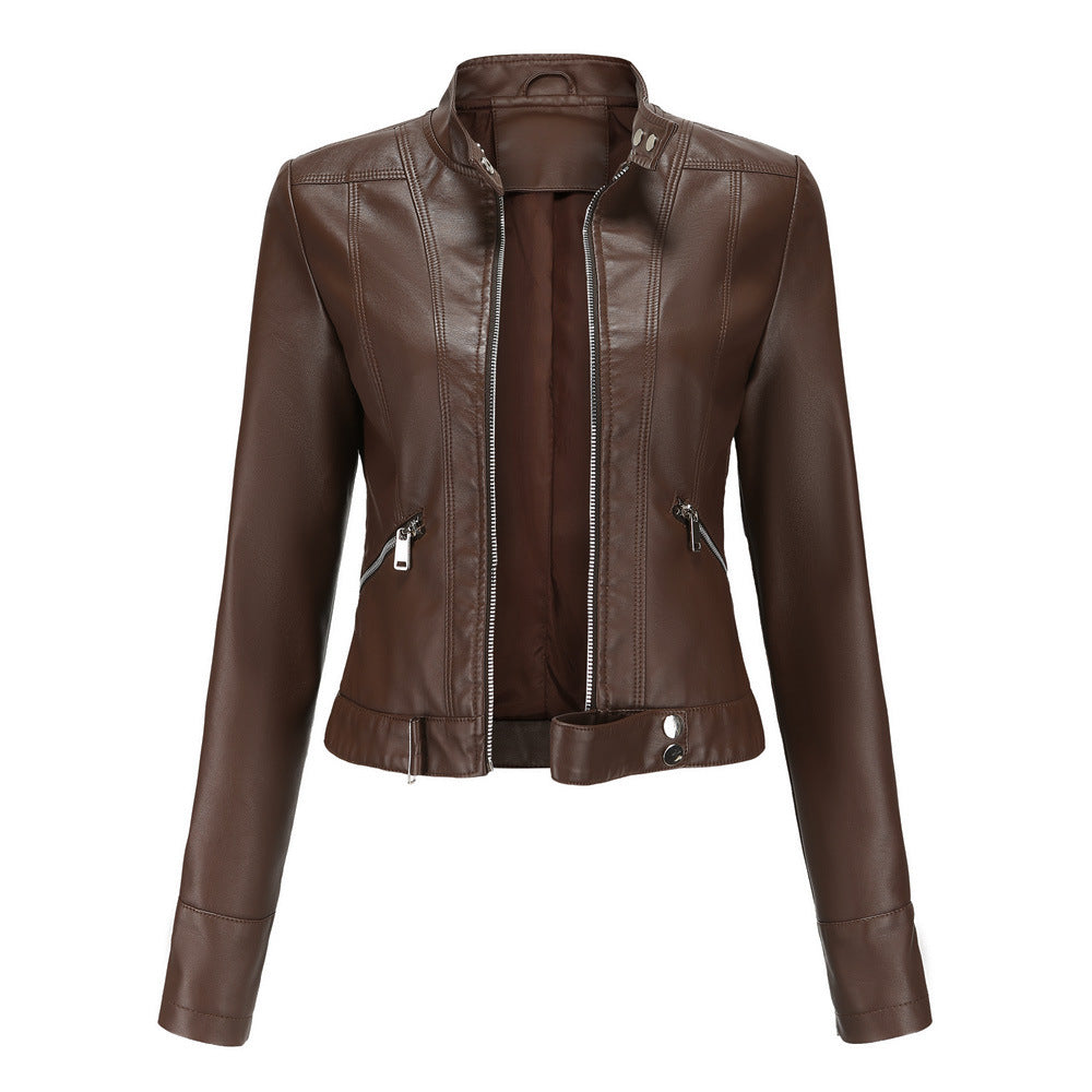 High Collar Women's Leather Jacket with Zip Closure and Belt