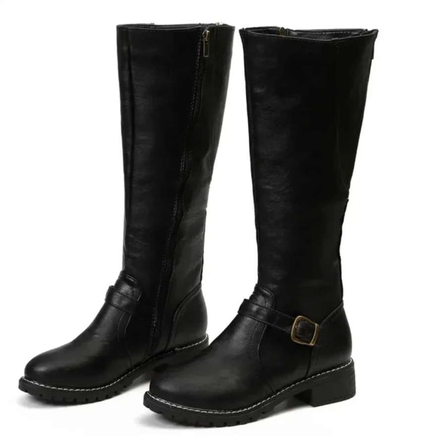 Women's Knee-High Boots Featuring Buckle Strap and Low Block Heel