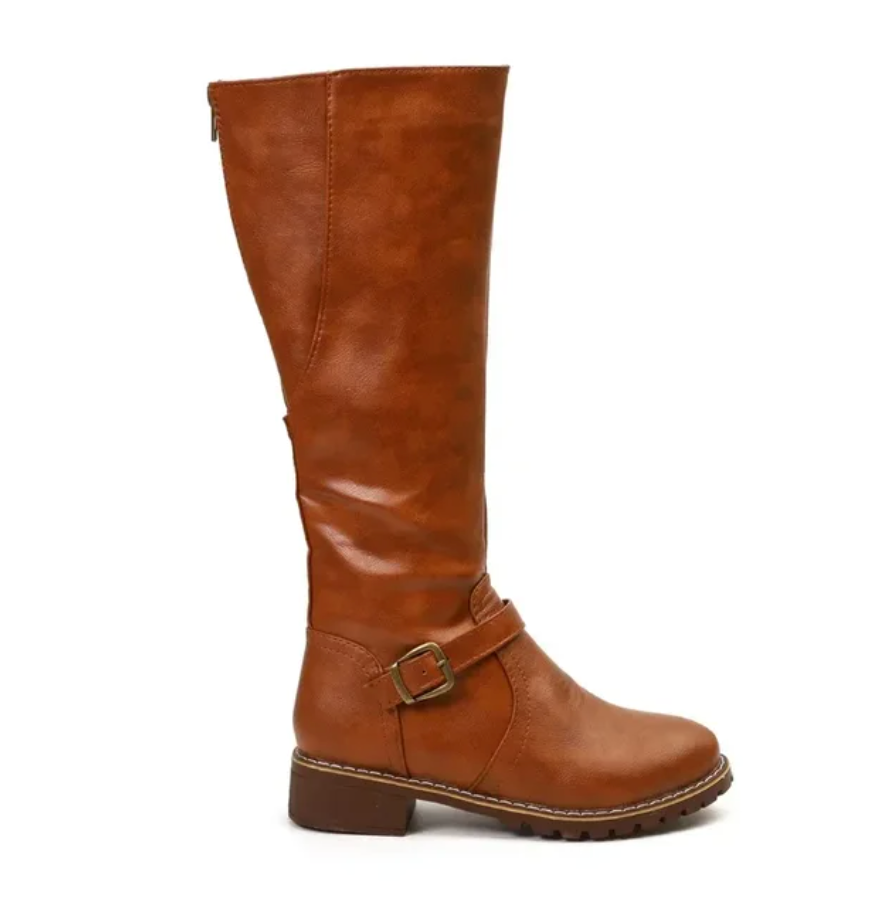 Women's Knee-High Boots Featuring Buckle Strap and Low Block Heel