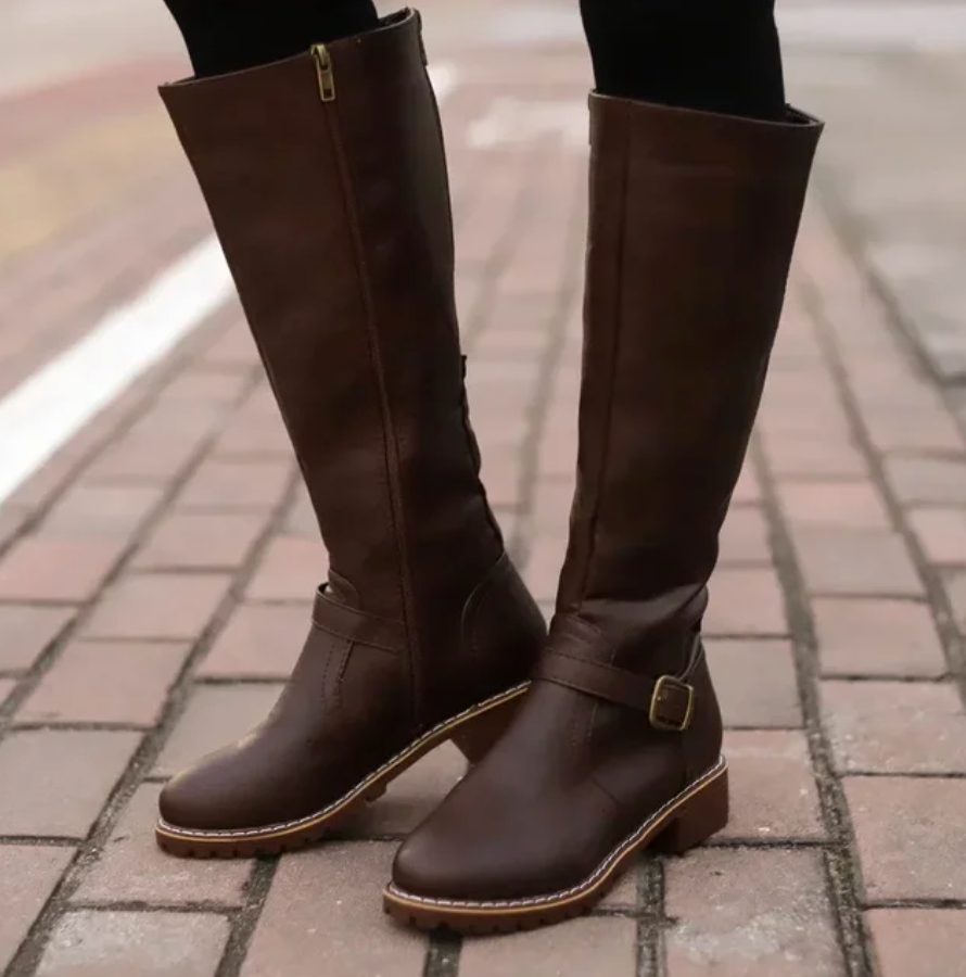 Women's Knee-High Boots Featuring Buckle Strap and Low Block Heel