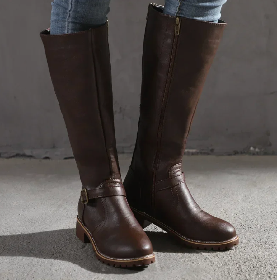 Women's Knee-High Boots Featuring Buckle Strap and Low Block Heel