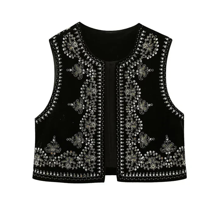 Women's Vintage Embroidered Sleeveless Vest with Open Front
