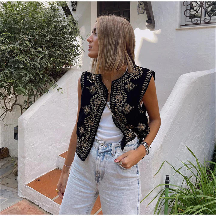 Women's Vintage Embroidered Sleeveless Vest with Open Front