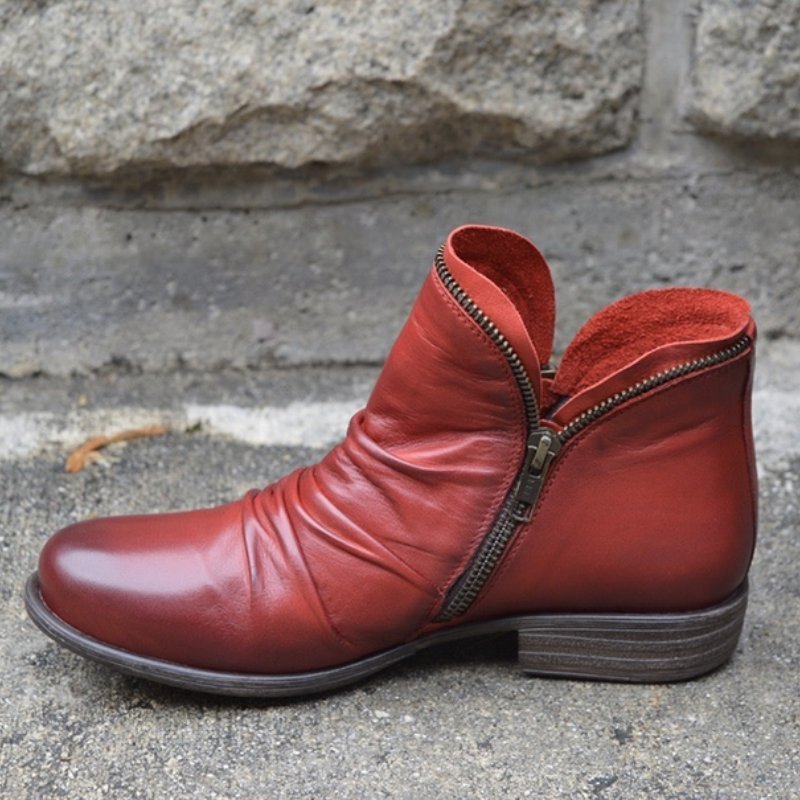 Women's Ankle Boots with Side Zip, Low Heel, and Ruched Design