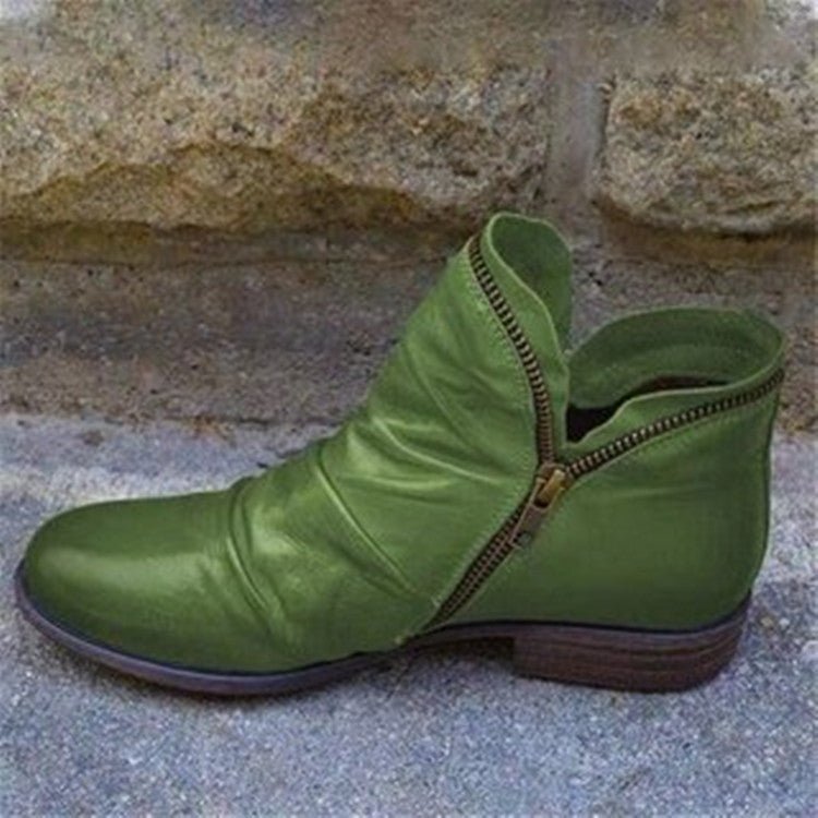 Women's Ankle Boots with Side Zip, Low Heel, and Ruched Design