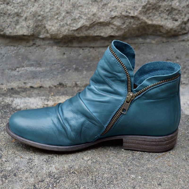 Women's Ankle Boots with Side Zip, Low Heel, and Ruched Design