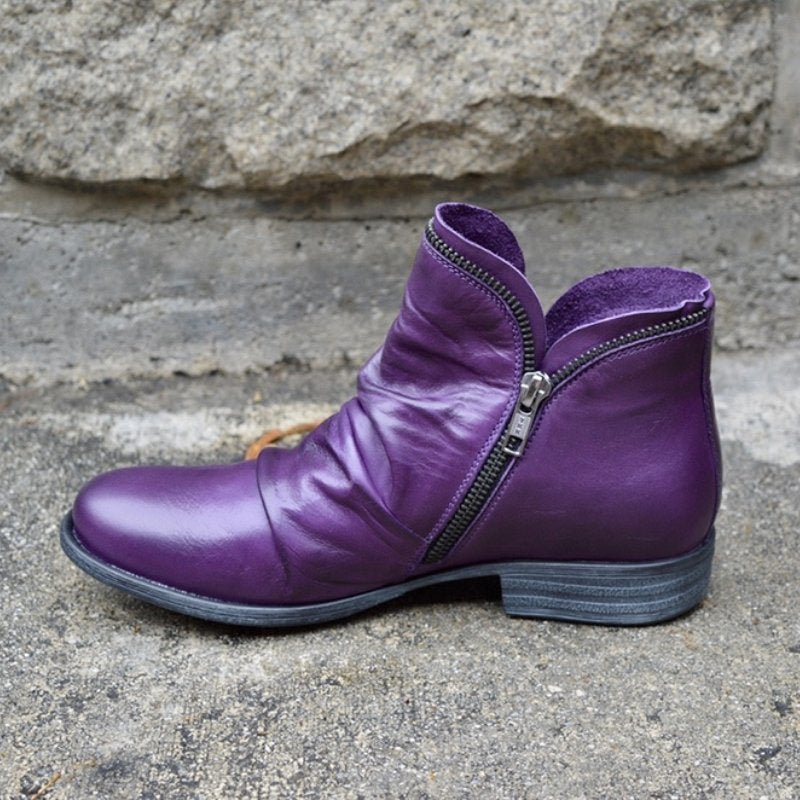 Women's Ankle Boots with Side Zip, Low Heel, and Ruched Design