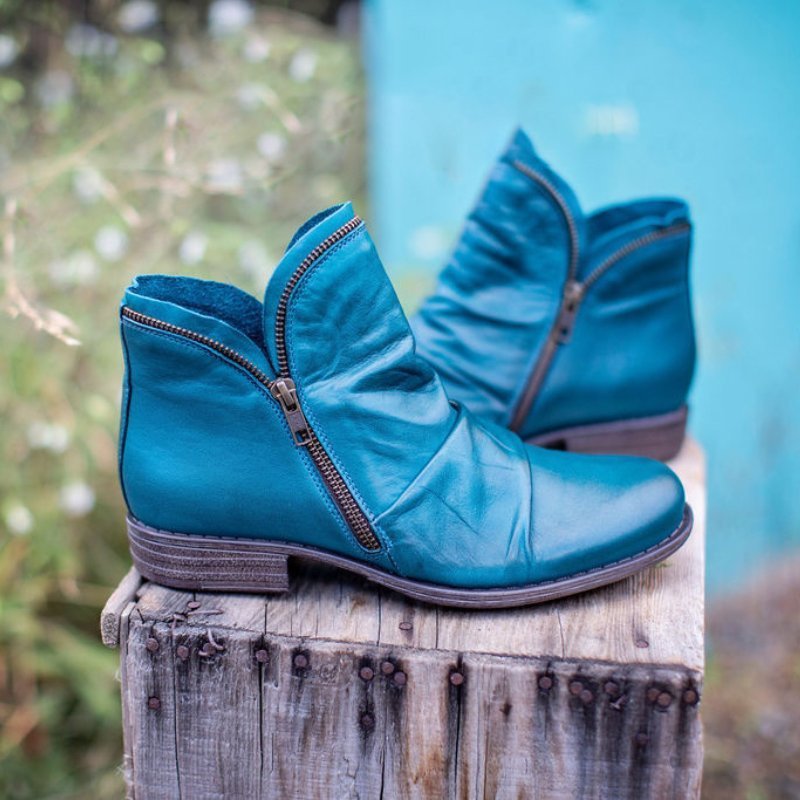 Women's Ankle Boots with Side Zip, Low Heel, and Ruched Design