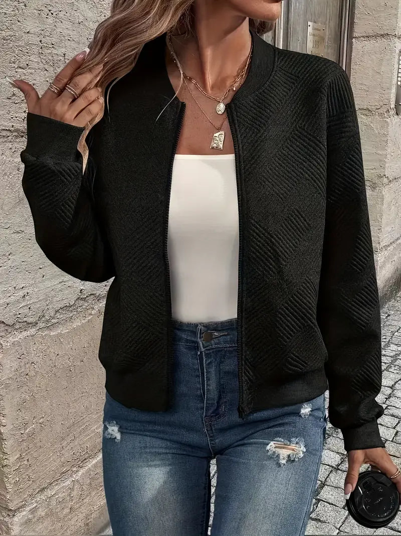 Textured Zip-Up Cardigan for Women with Ribbed Hem and Long Sleeves