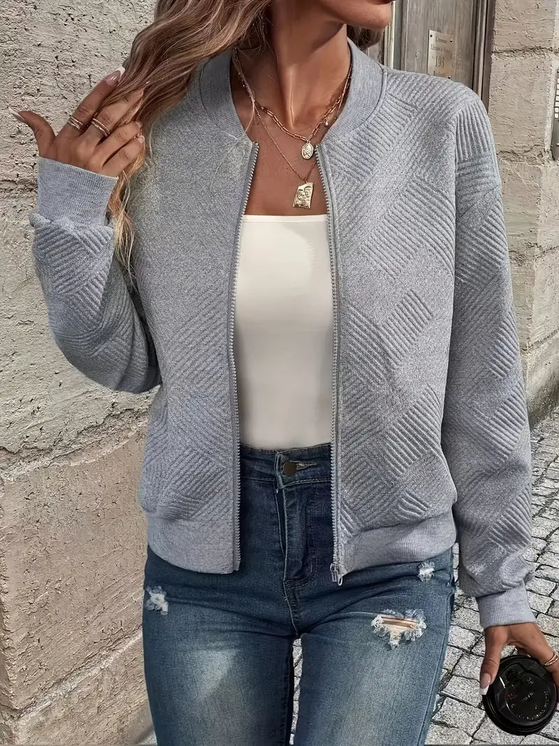 Textured Zip-Up Cardigan for Women with Ribbed Hem and Long Sleeves