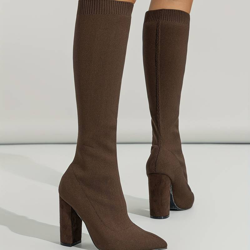 Pointed Toe Block Heel Knee-High Sock Boots for Women