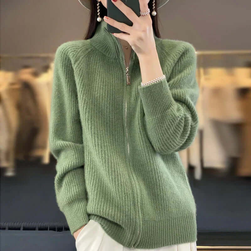 Women's High-Collar Long Sleeve Full-Zip Knit Cardigan