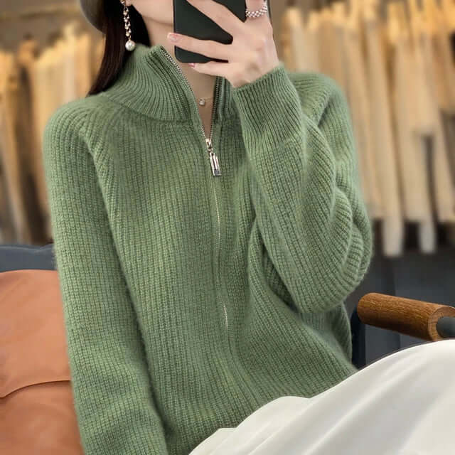 Women's High-Collar Long Sleeve Full-Zip Knit Cardigan