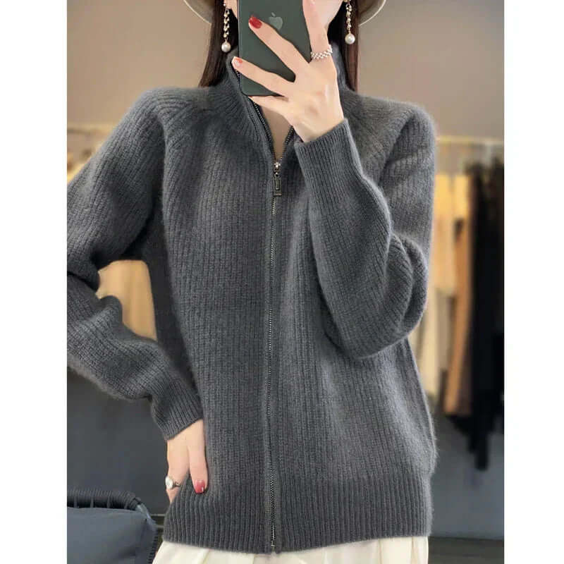Women's High-Collar Long Sleeve Full-Zip Knit Cardigan
