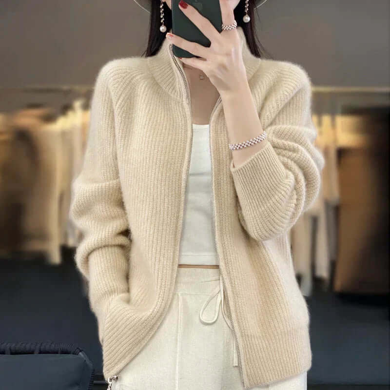 Women's High-Collar Long Sleeve Full-Zip Knit Cardigan