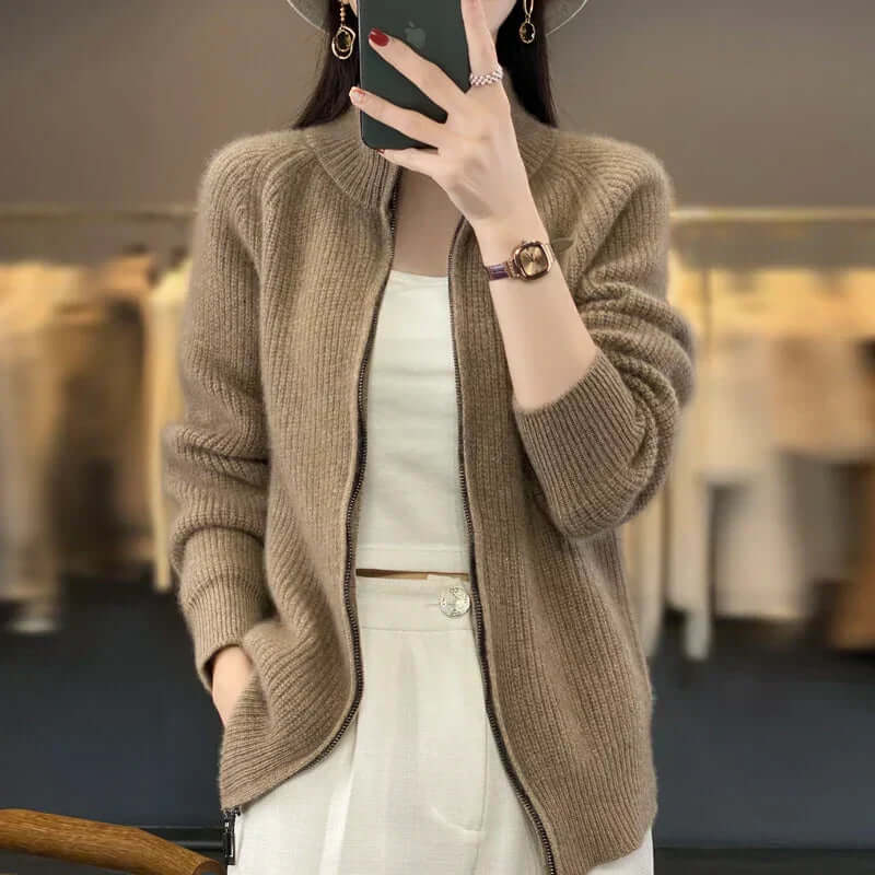 Women's High-Collar Long Sleeve Full-Zip Knit Cardigan
